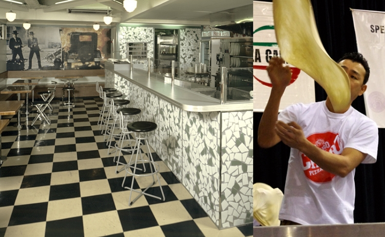 Photo:1986年東京都渋谷区神南にできた、シカゴピザ1号店。当時の流行であるカフェバー風の店内でも焼きたてのピザを食べられるスペースがありました。右側は、2011年ラスベガスで行われたピザ大会で腕を競い合うシカゴピザマイスター。